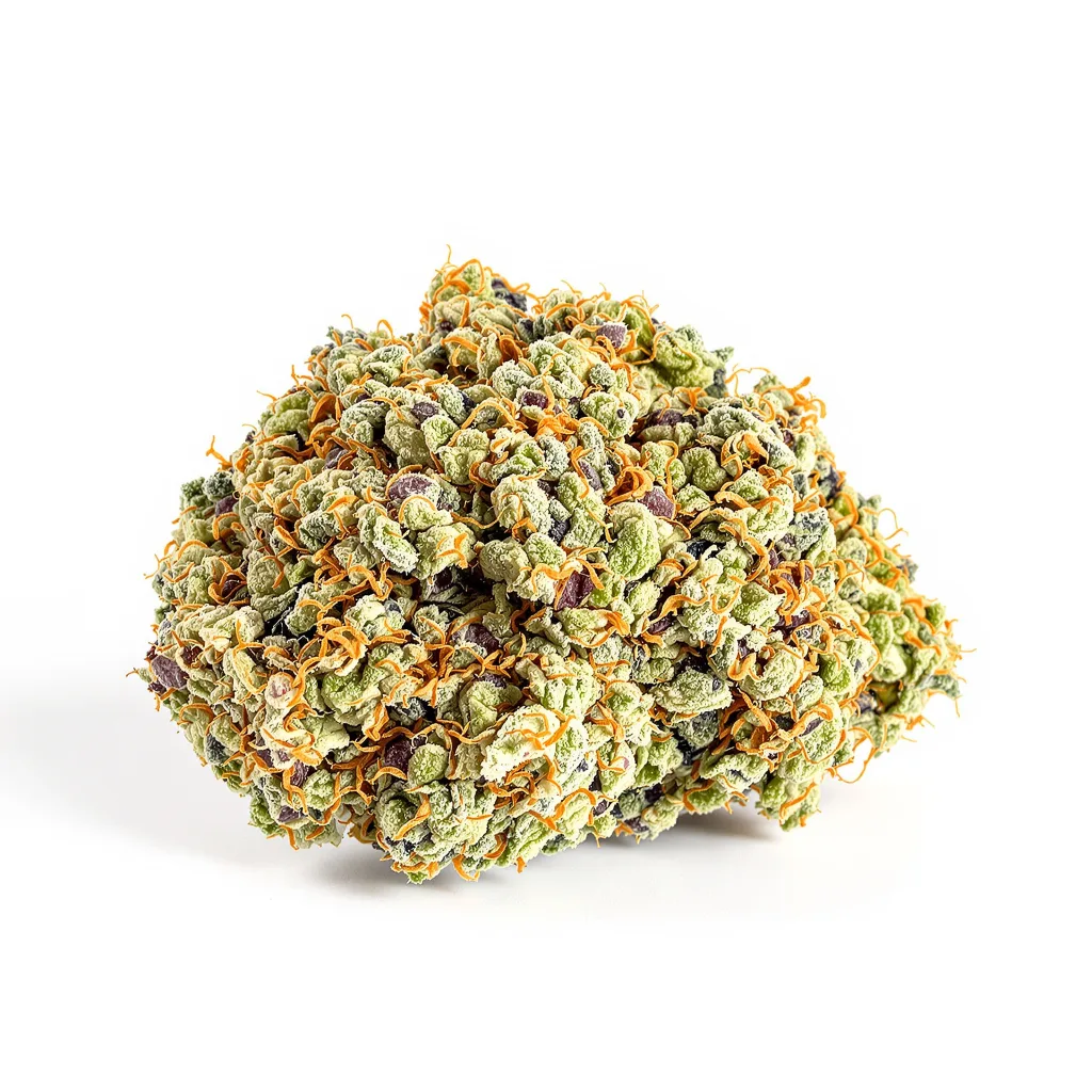 Jacked-Up 50% indica / 50% sativa — fleur avec trichomes visibles