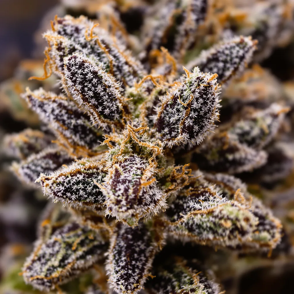 Gros plan de fleur de cannabis Jager montrant calices denses aux reflets violets