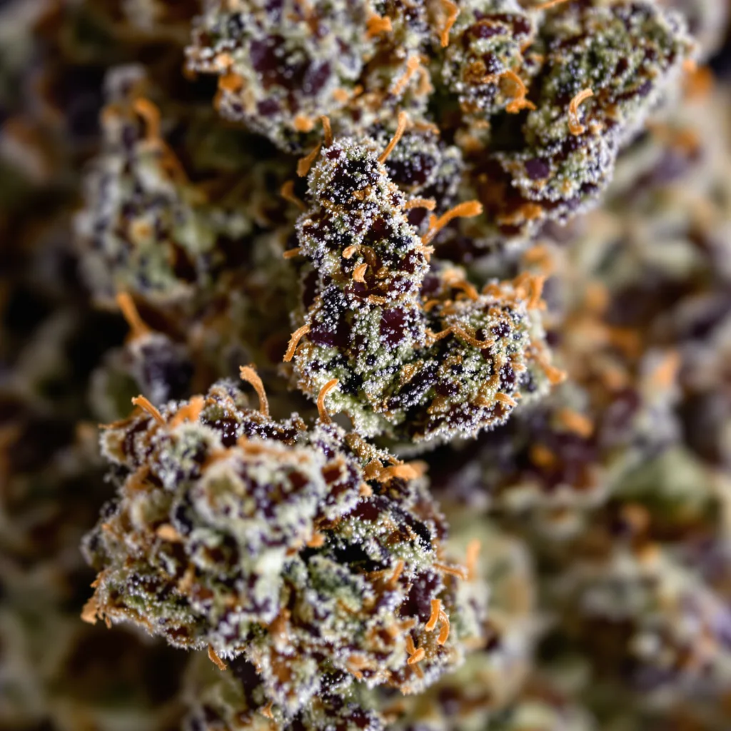 Gros plan de fleur de cannabis Jager montrant calices denses aux reflets violets