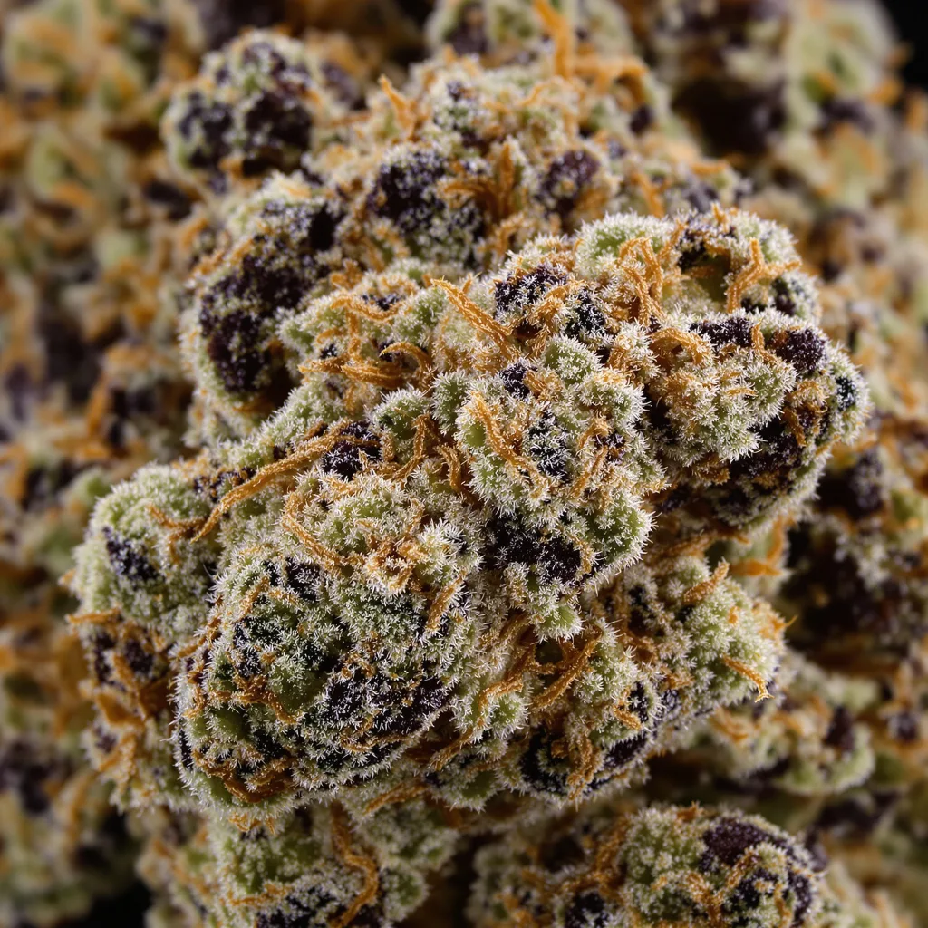 Gros plan de fleur de cannabis Jedi Cookies montrant calices denses aux reflets violets