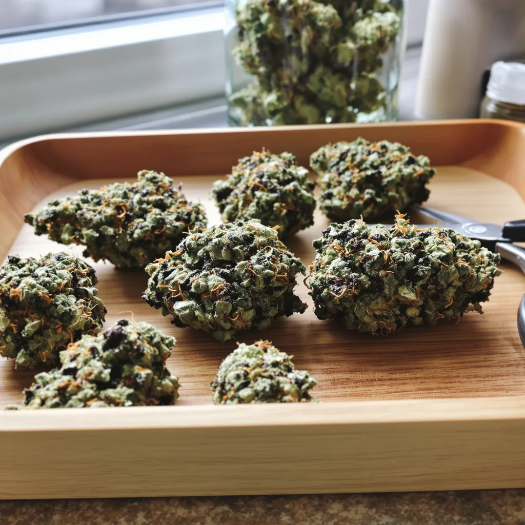 Jedi Kush 90% indica / 50% sativa — fleur avec trichomes visibles