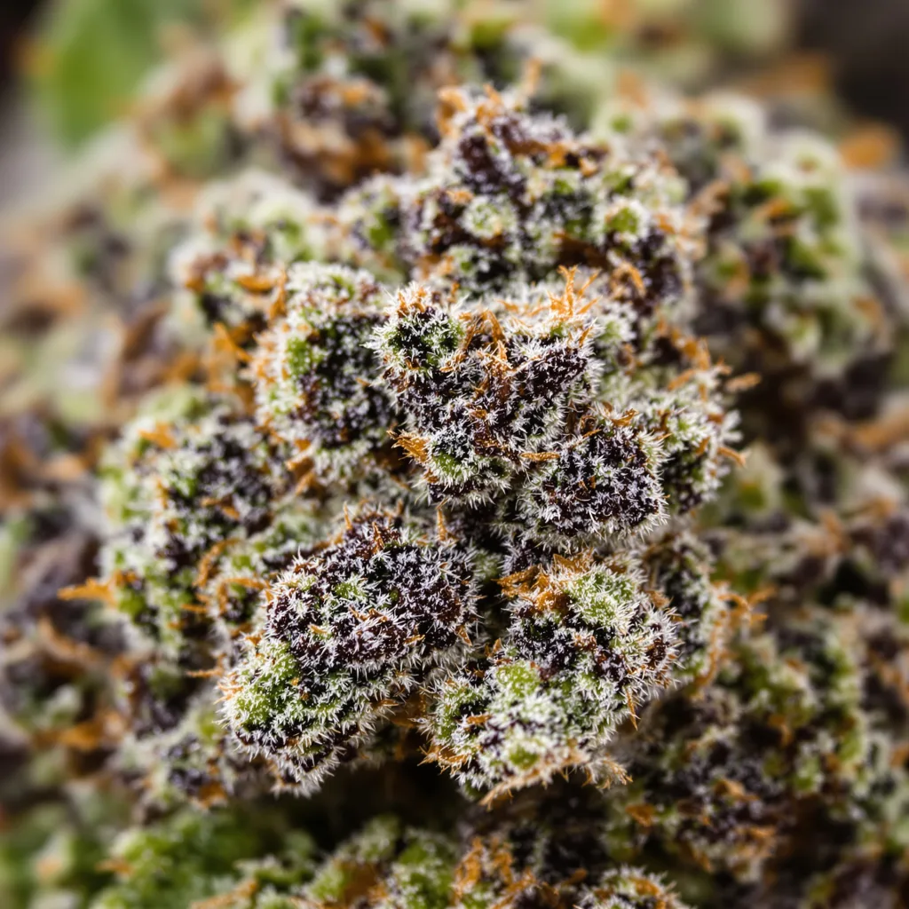 Gros plan de fleur de cannabis Jedi Kush montrant calices denses aux reflets violets