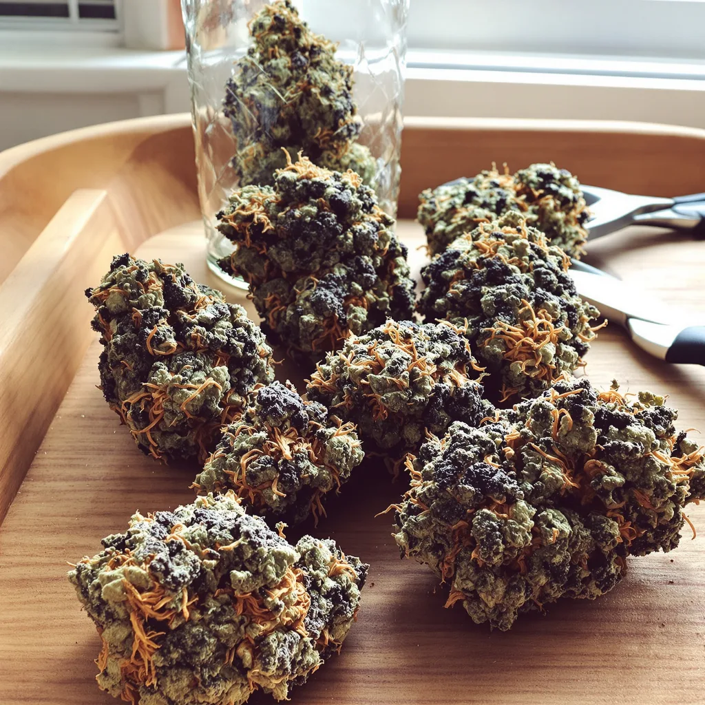 Jedi Kush 90% indica / 50% sativa — fleur avec trichomes visibles