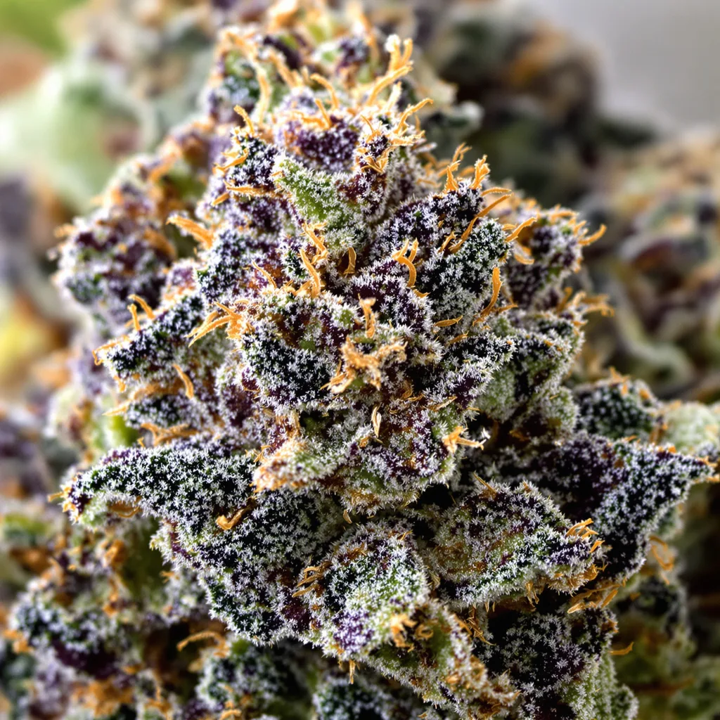 Gros plan de fleur de cannabis Jedi Kush montrant calices denses aux reflets violets