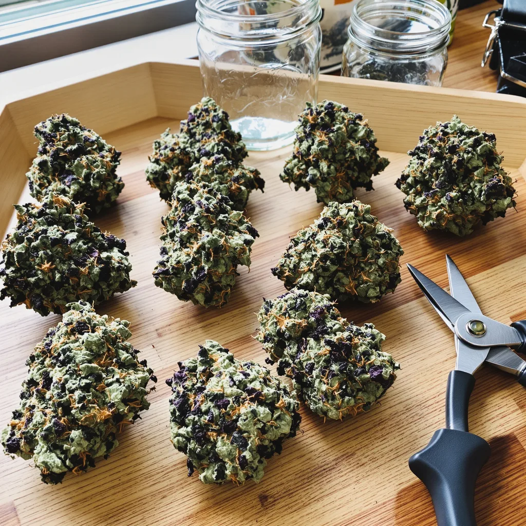 Jelly Roll 72% indica / 28% sativa — fleur avec trichomes visibles