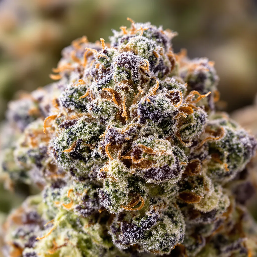 Gros plan de fleur de cannabis Jelly Roll montrant calices denses aux reflets violets