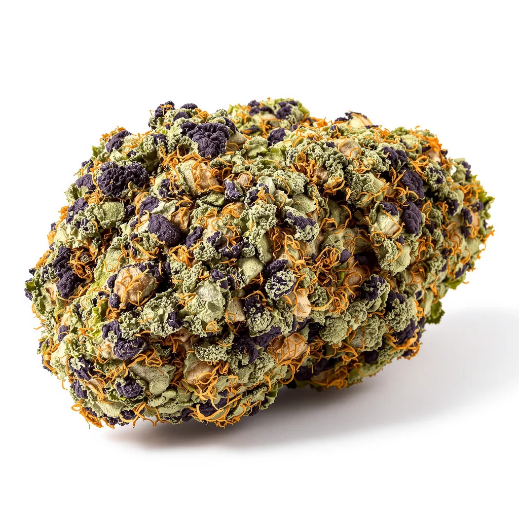 Jelly Roll 72% indica / 28% sativa — fleur avec trichomes visibles