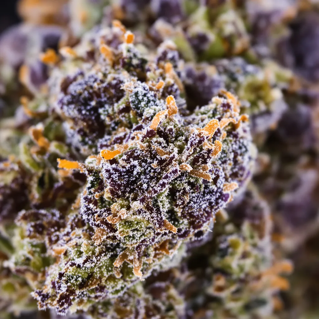 Gros plan de fleur de cannabis Jelly Roll montrant calices denses aux reflets violets