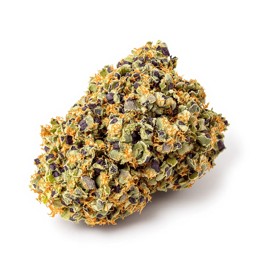 Jelly Roll 72% indica / 28% sativa — fleur avec trichomes visibles