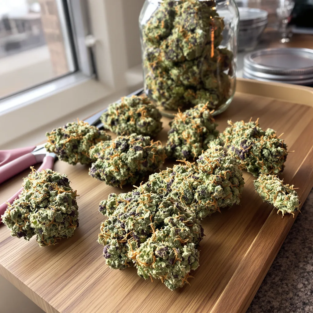 Jesus Juice 54% indica / 46% sativa — fleur avec trichomes visibles