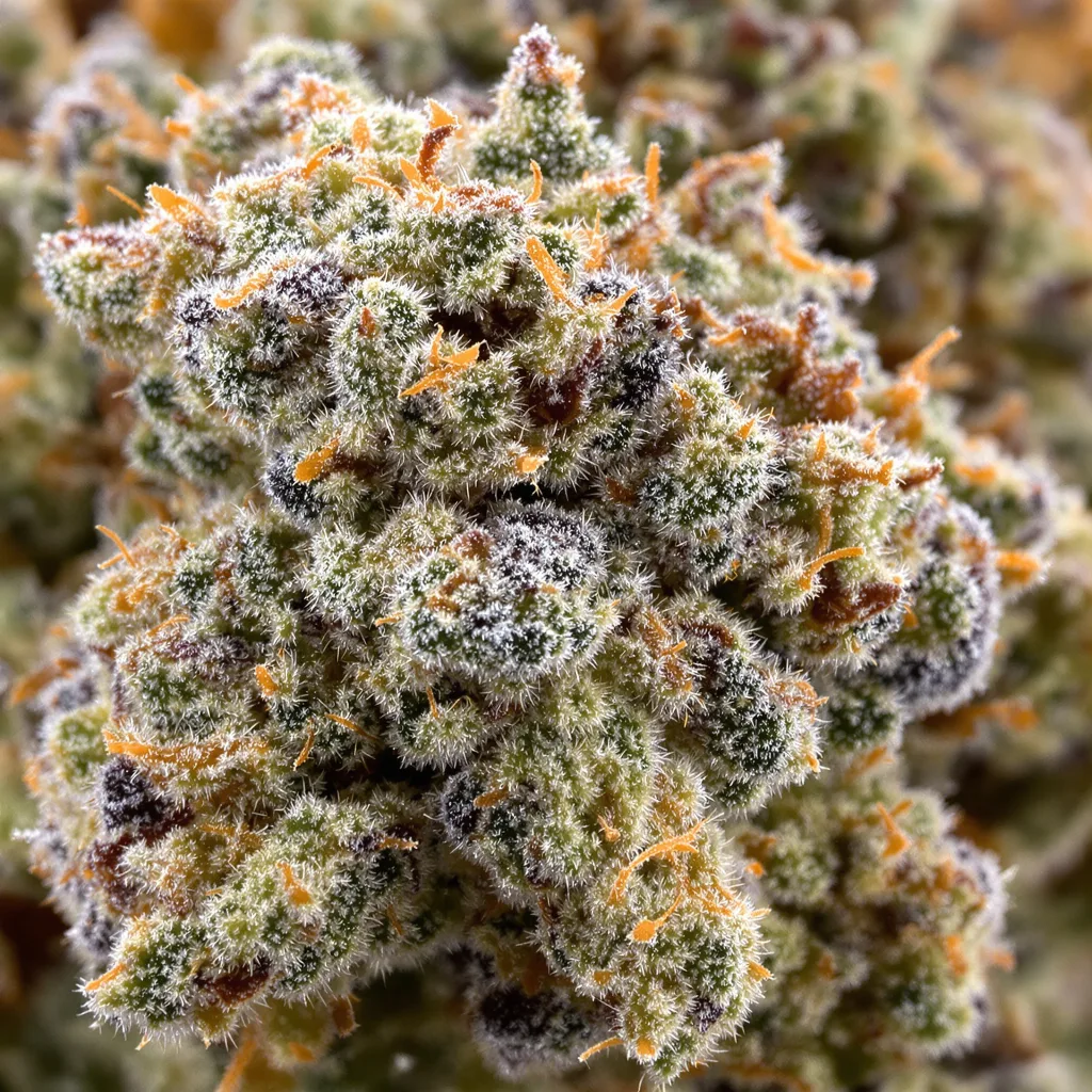 Gros plan de fleur de cannabis Jesus Juice montrant structure équilibrée avec trichomes givrés