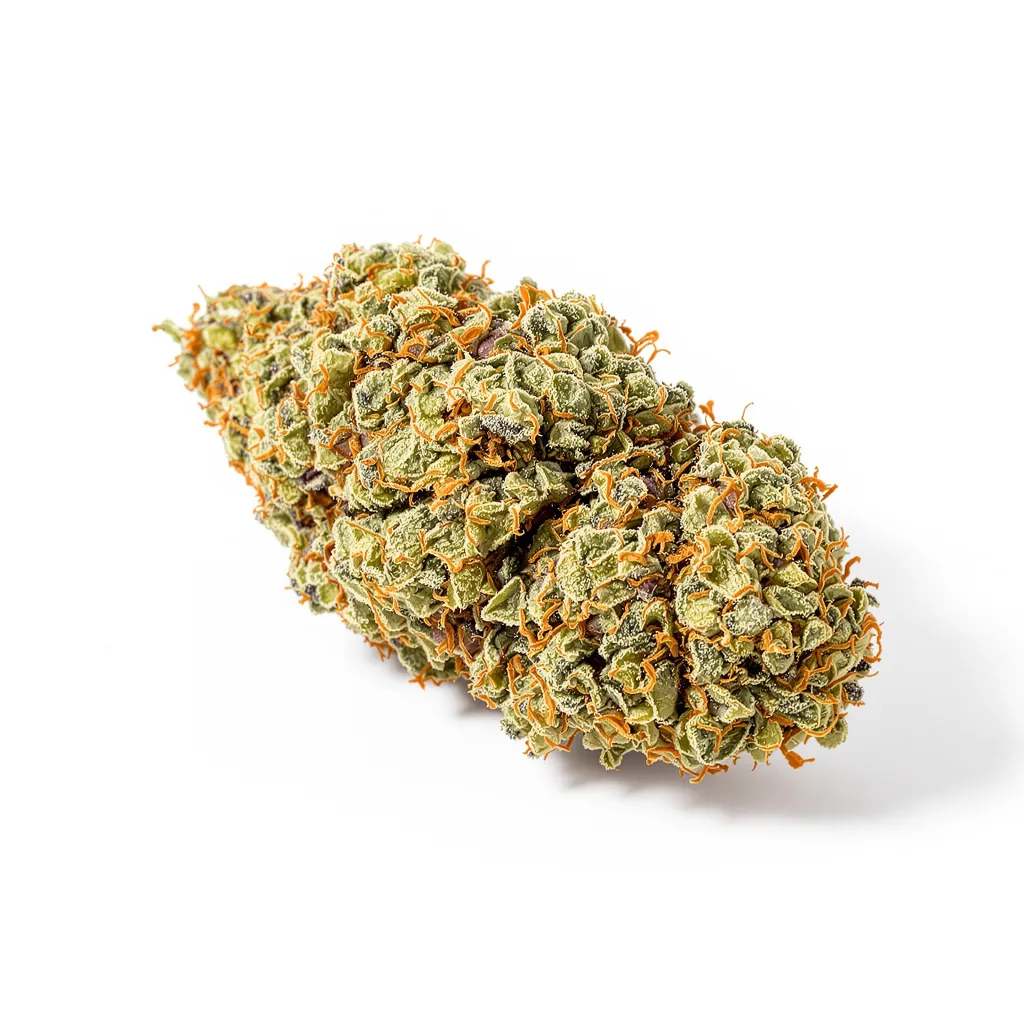 Jesus Juice 54% indica / 46% sativa — fleur avec trichomes visibles
