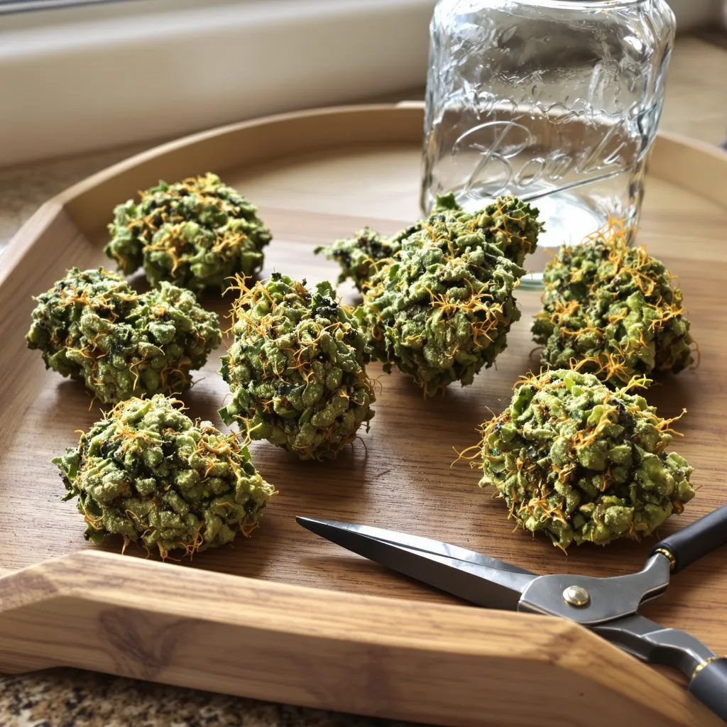 Jesus OG 30% indica / 70% sativa — fleur avec trichomes visibles