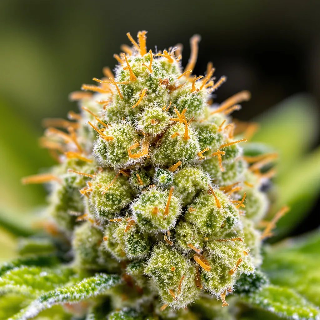 Gros plan de fleur de cannabis Jesus OG montrant structure aérée vert lime