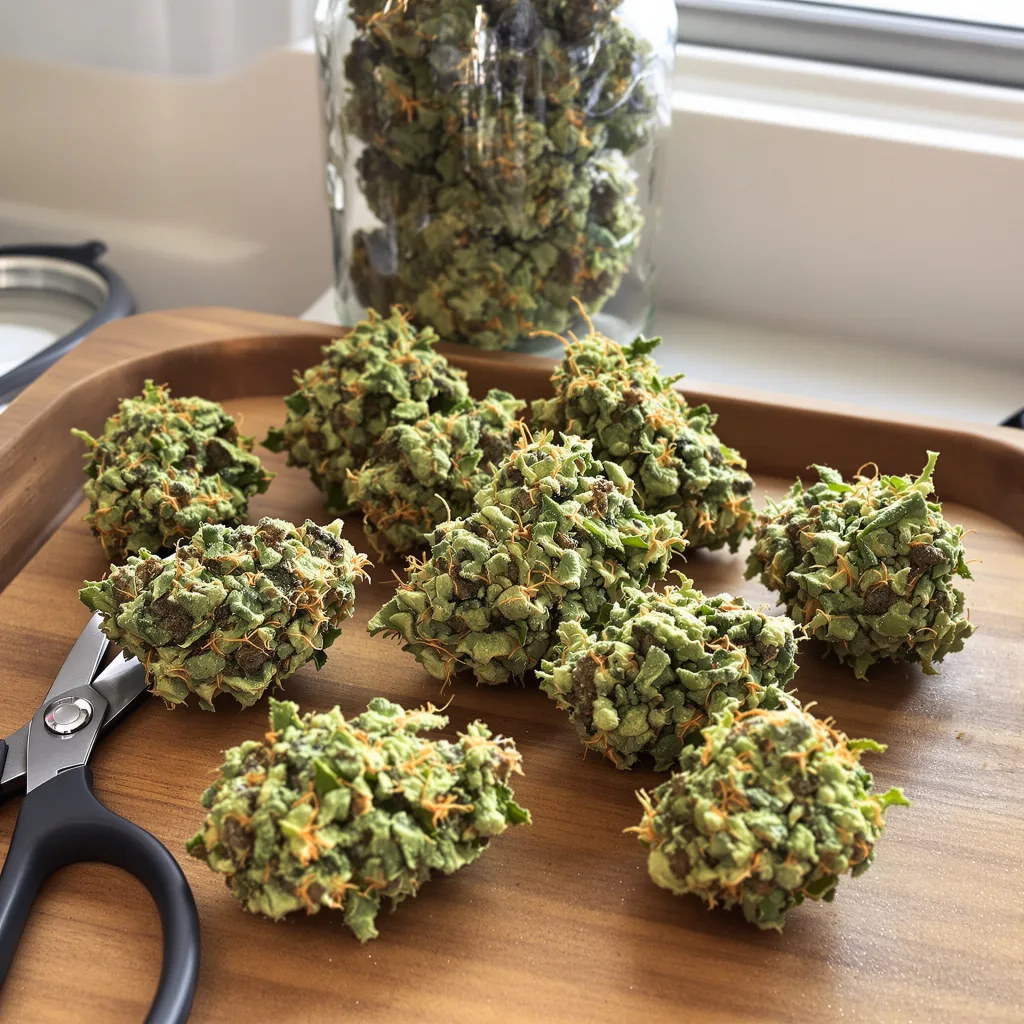 Jesus OG 30% indica / 70% sativa — fleur avec trichomes visibles
