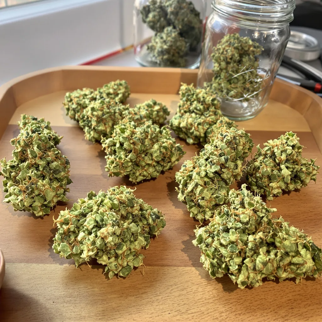 Jet Fuel 30% indica / 70% sativa — fleur avec trichomes visibles