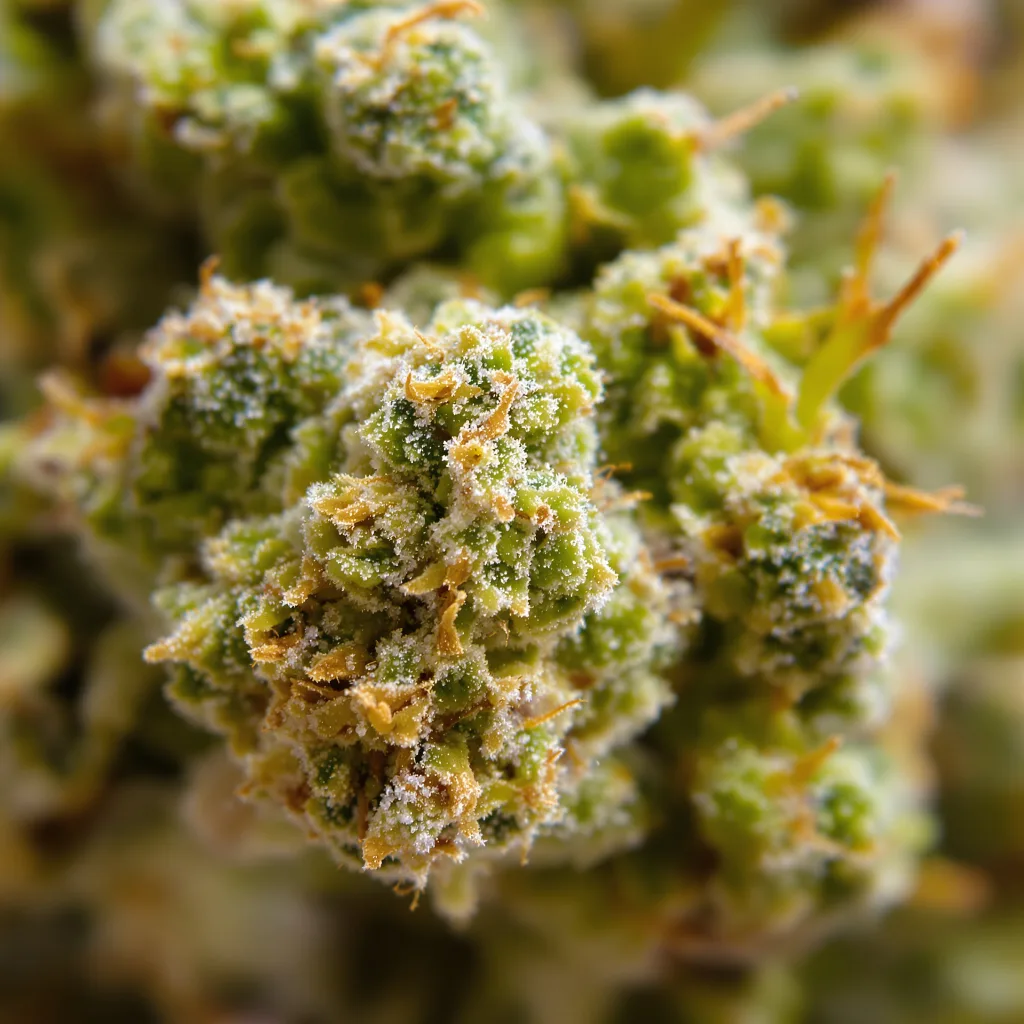 Gros plan de fleur de cannabis Jet Fuel montrant structure aérée vert lime
