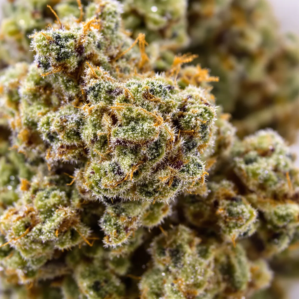 Gros plan de fleur de cannabis Jillybean montrant structure ouverte avec pistils orangés