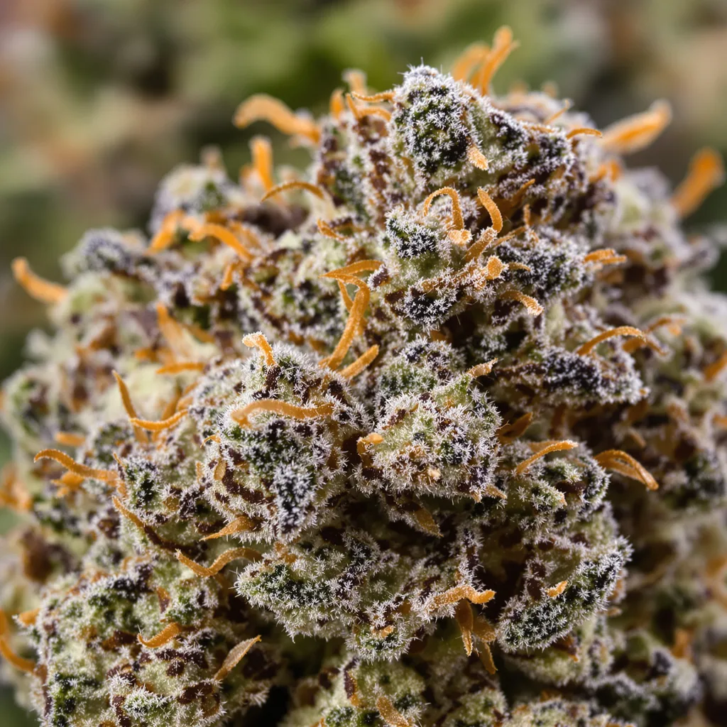Gros plan de fleur de cannabis Josh D OG montrant calices denses aux reflets violets