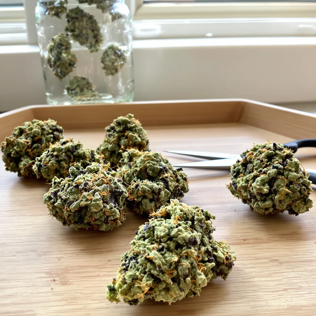 Juicy Fruit 40% indica / 60% sativa — fleur avec trichomes visibles