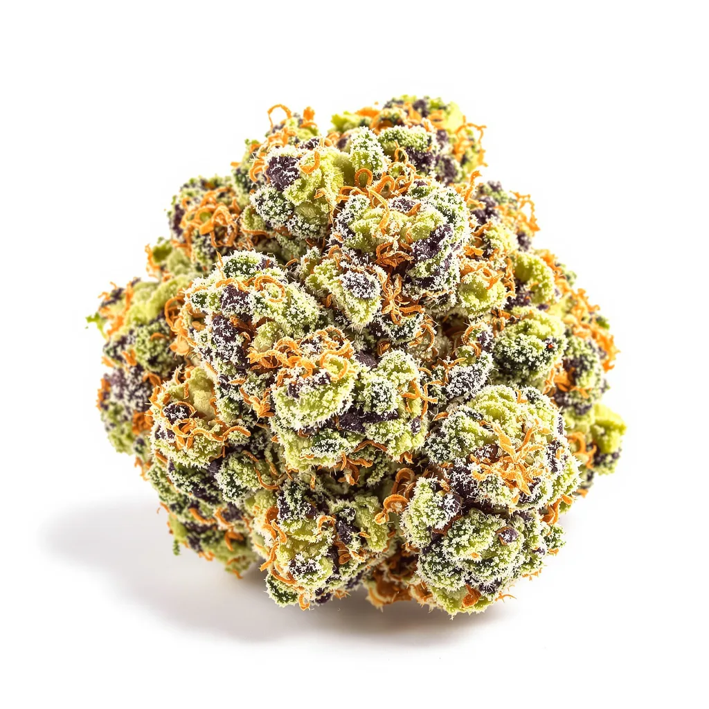 Juicy Fruit 40% indica / 60% sativa — fleur avec trichomes visibles