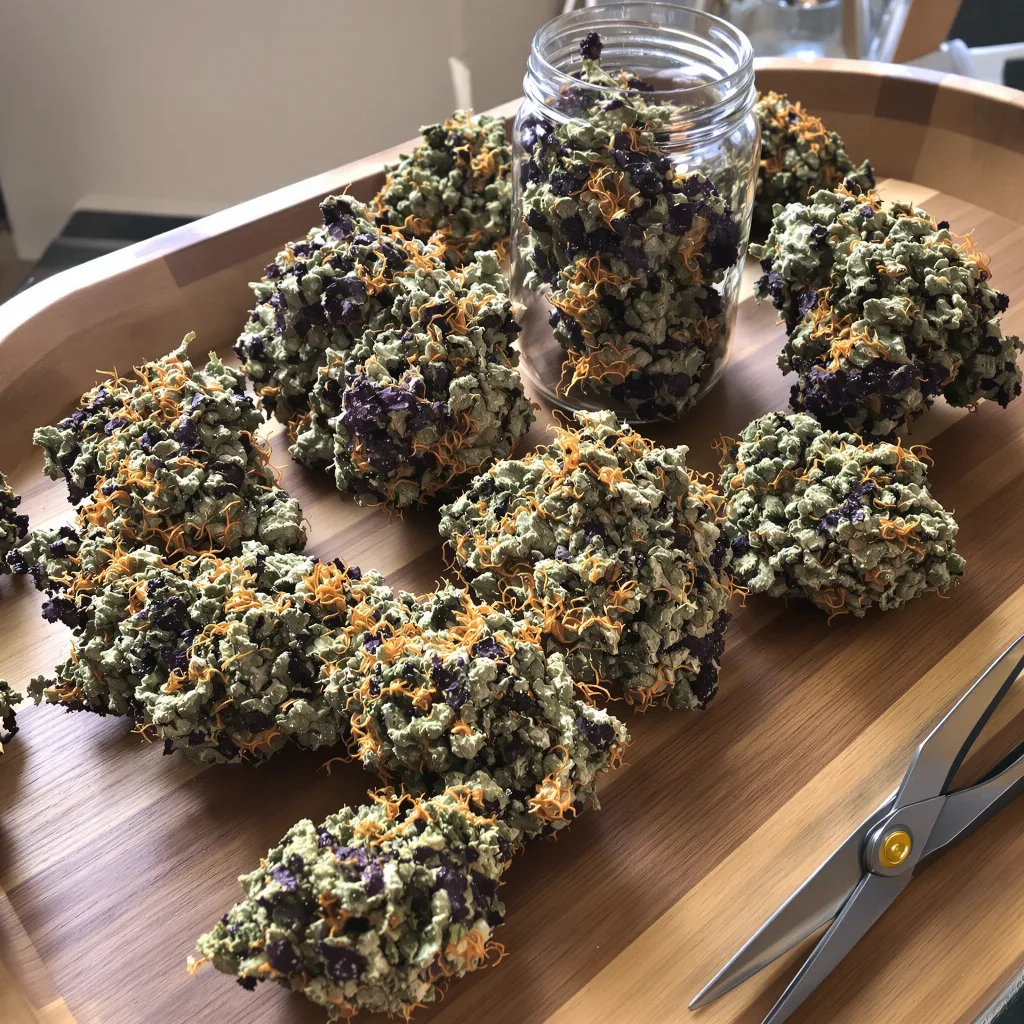 Jungle Cookie 66% indica / 34% sativa — fleur avec trichomes visibles