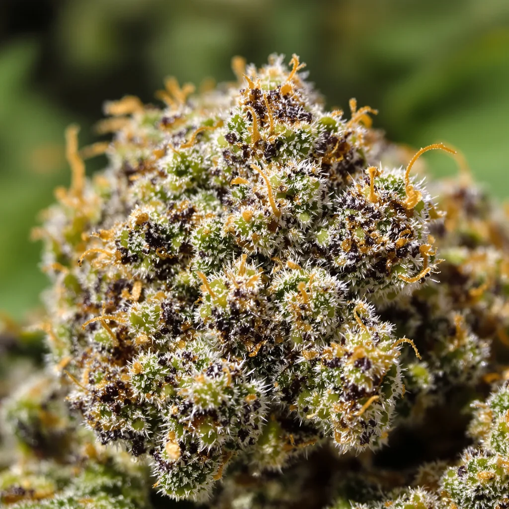 Gros plan de fleur de cannabis Jungle Cookie montrant calices denses aux reflets violets