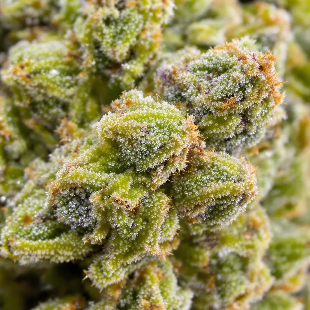 Gros plan de fleur de cannabis Jungle Juice montrant structure aérée vert lime
