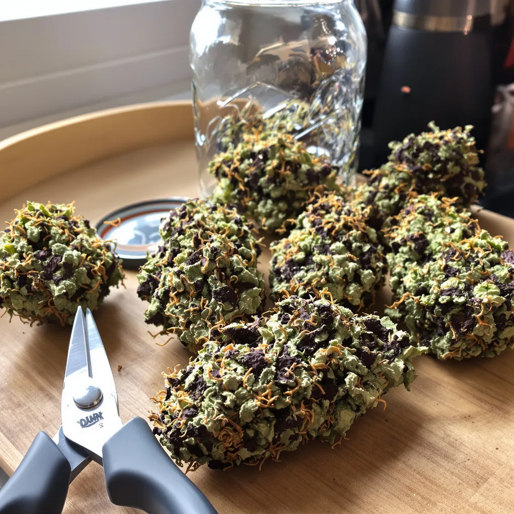K-Train 69% indica / 31% sativa — fleur avec trichomes visibles
