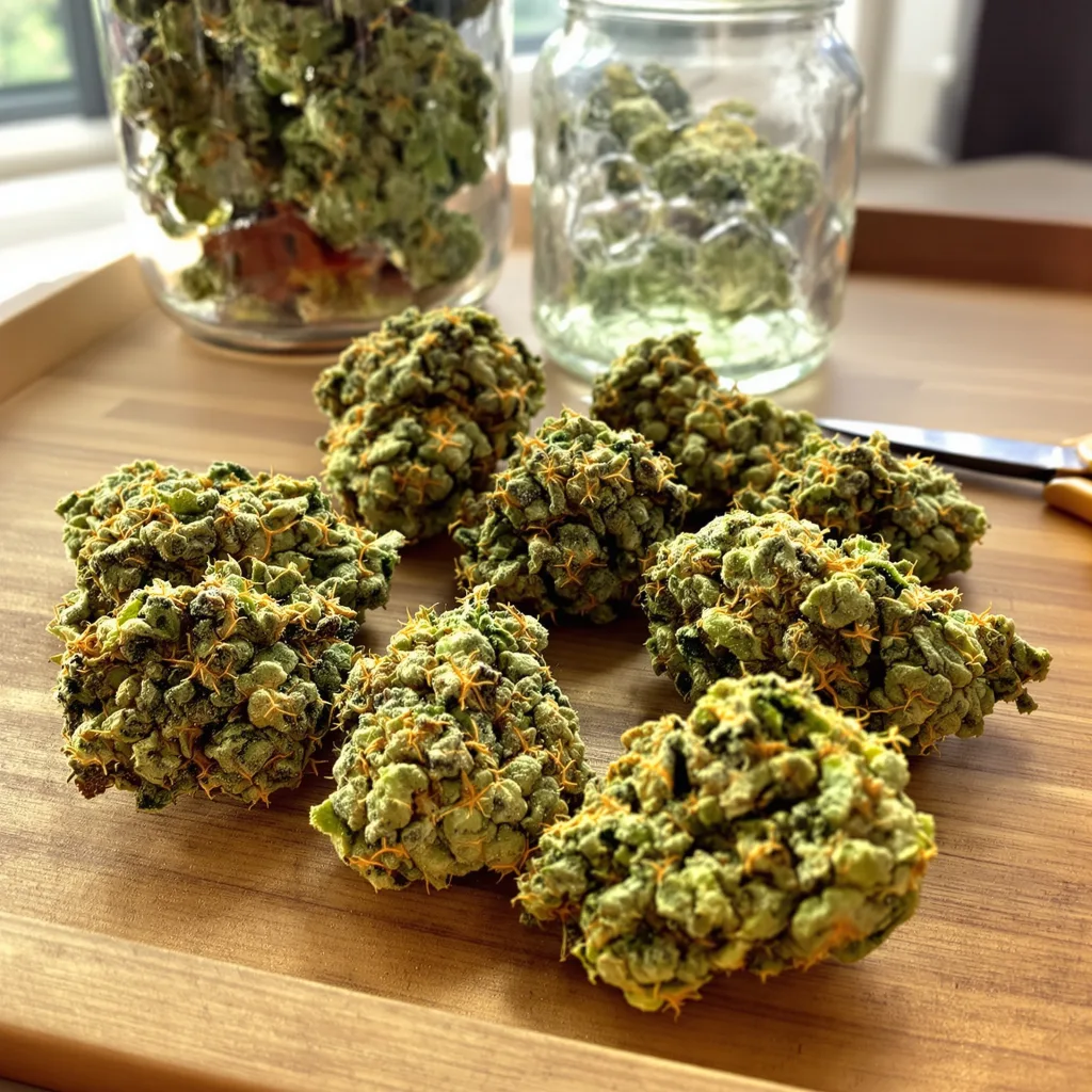 Kahuna 14% indica / 86% sativa — fleur avec trichomes visibles
