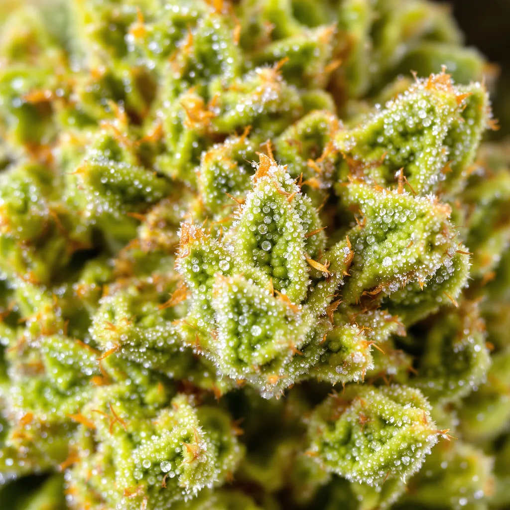 Gros plan de fleur de cannabis Kahuna montrant structure aérée vert lime