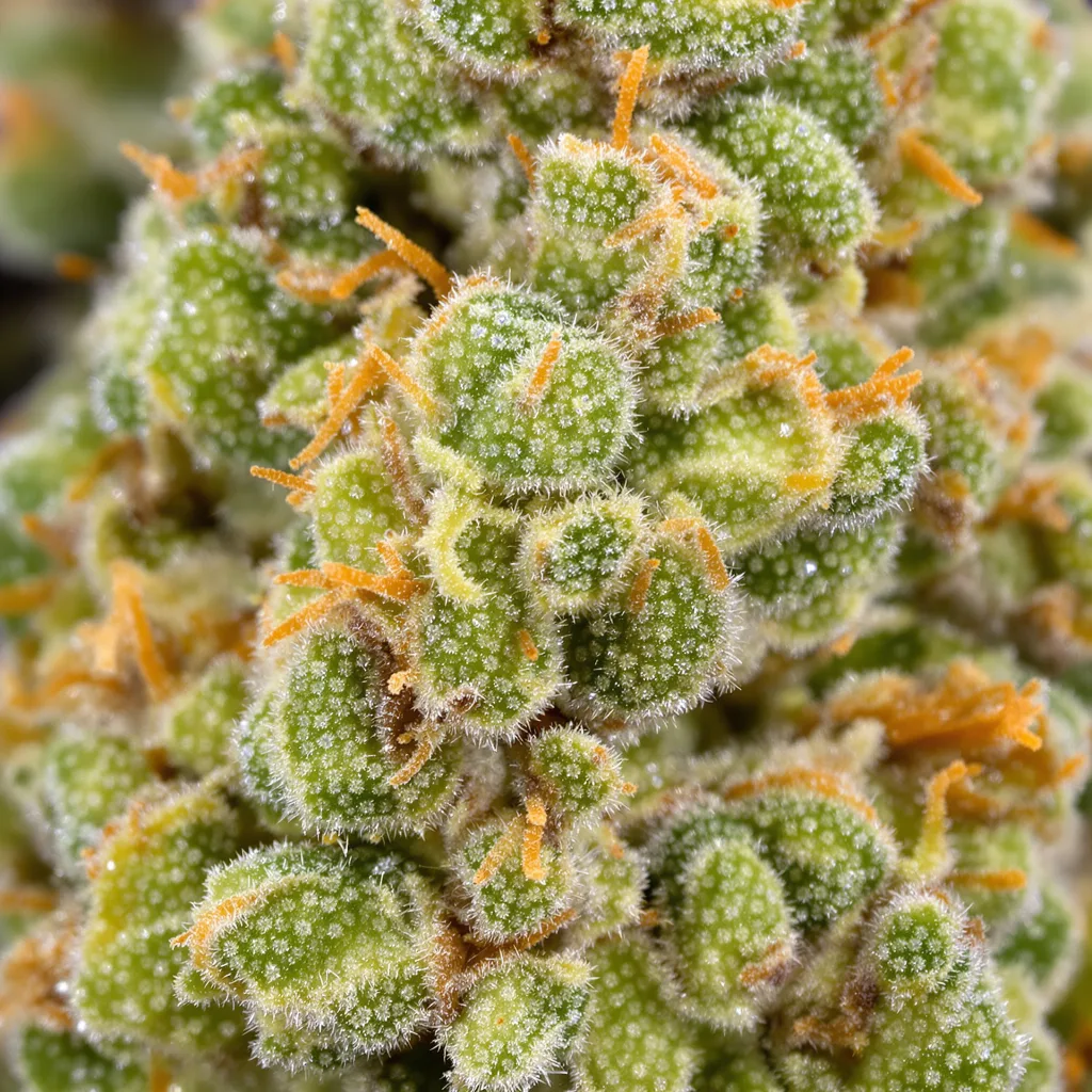 Gros plan de fleur de cannabis Kahuna montrant structure aérée vert lime