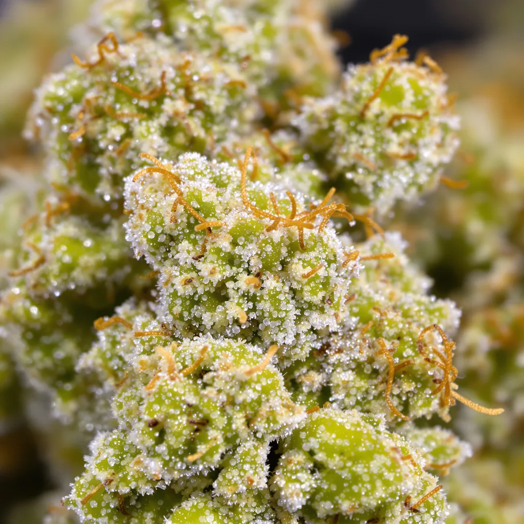 Gros plan de fleur de cannabis Kali Dog montrant structure aérée vert lime