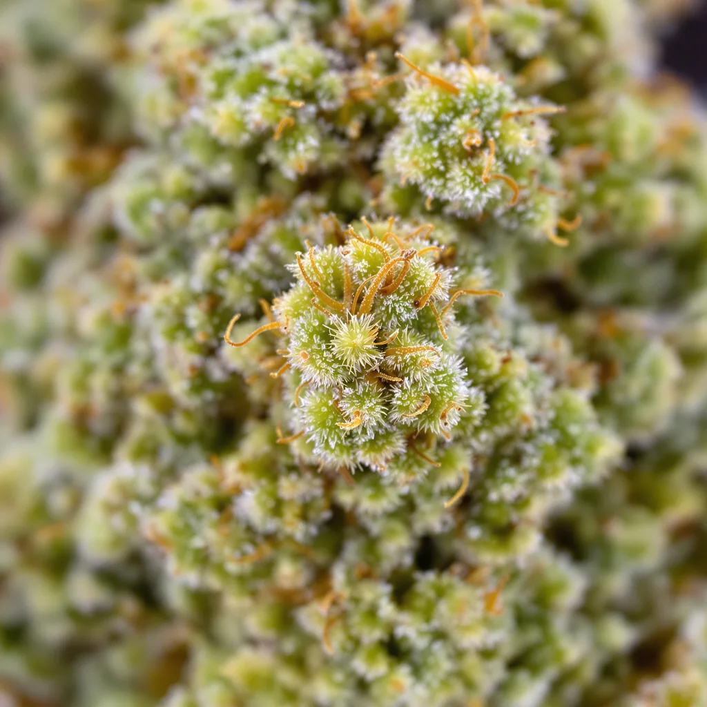 Gros plan de fleur de cannabis Kali Dog montrant structure aérée vert lime