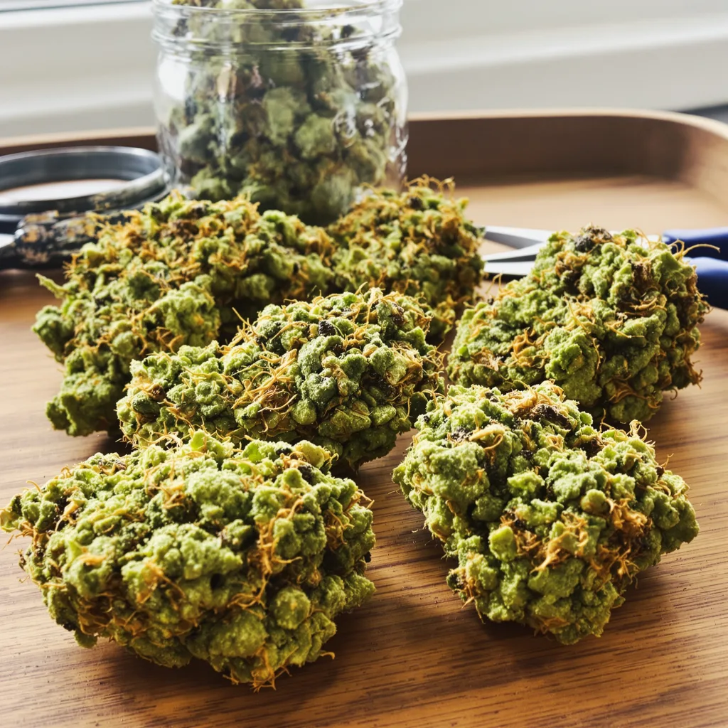 Kali Mist 18% indica / 82% sativa — fleur avec trichomes visibles