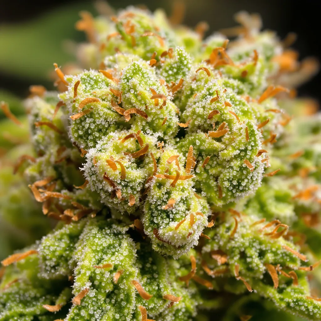 Gros plan de fleur de cannabis Kali Mist montrant structure aérée vert lime