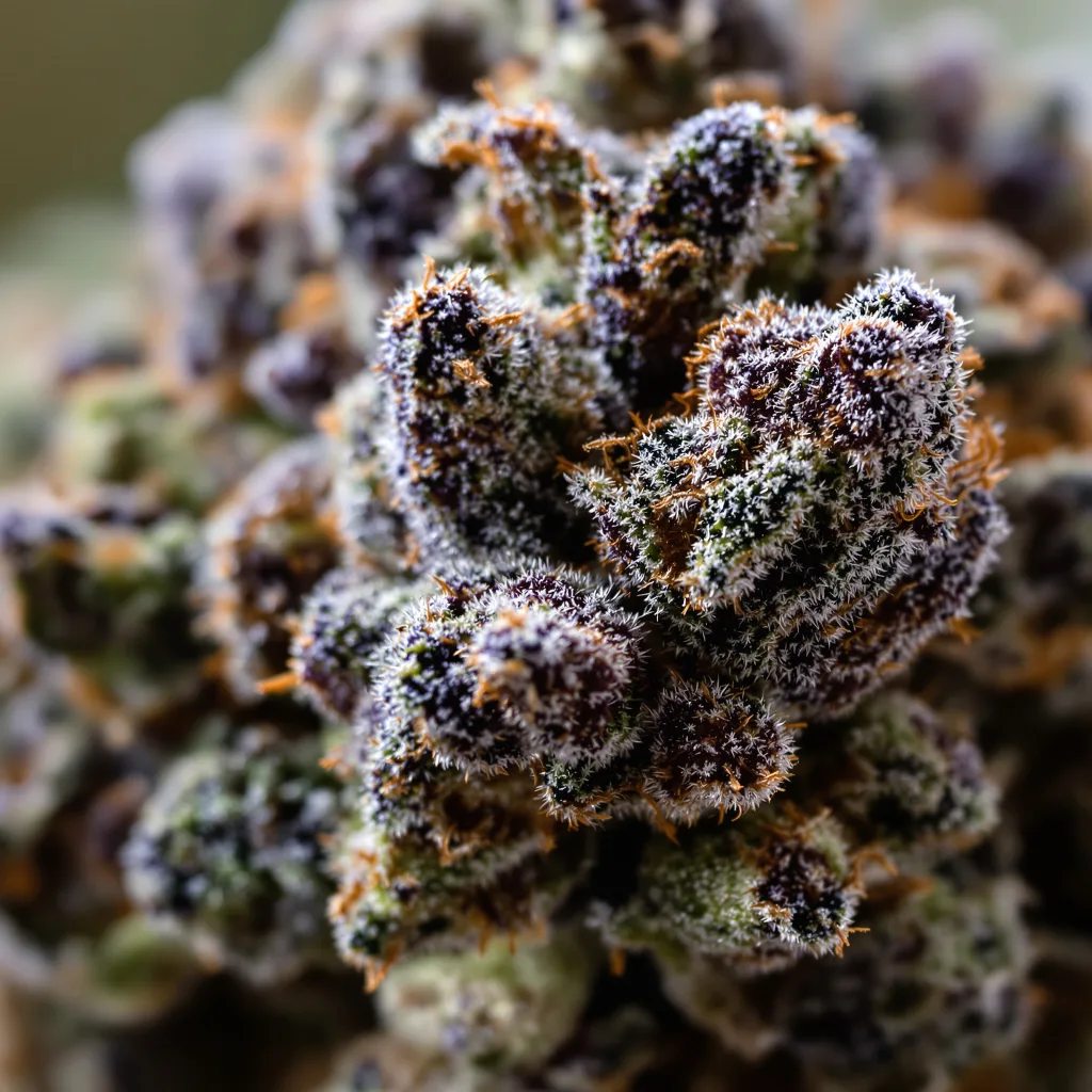 Gros plan de fleur de cannabis Kandahar montrant calices denses aux reflets violets