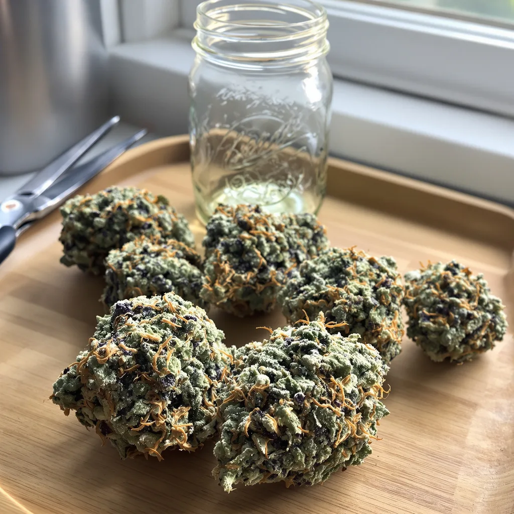 Kandy Kush 50% indica / 50% sativa — fleur avec trichomes visibles