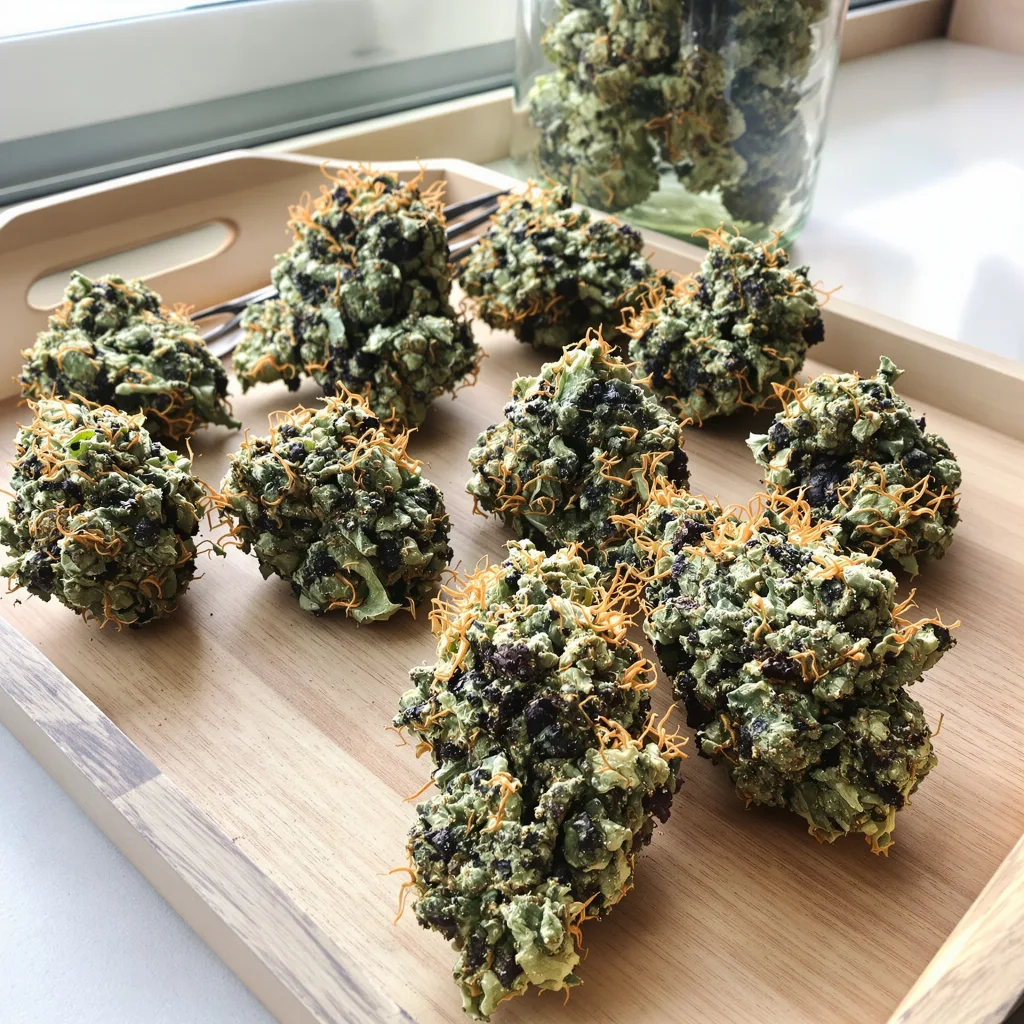 Katsu Bubba Kush 69% indica / 31% sativa — fleur avec trichomes visibles