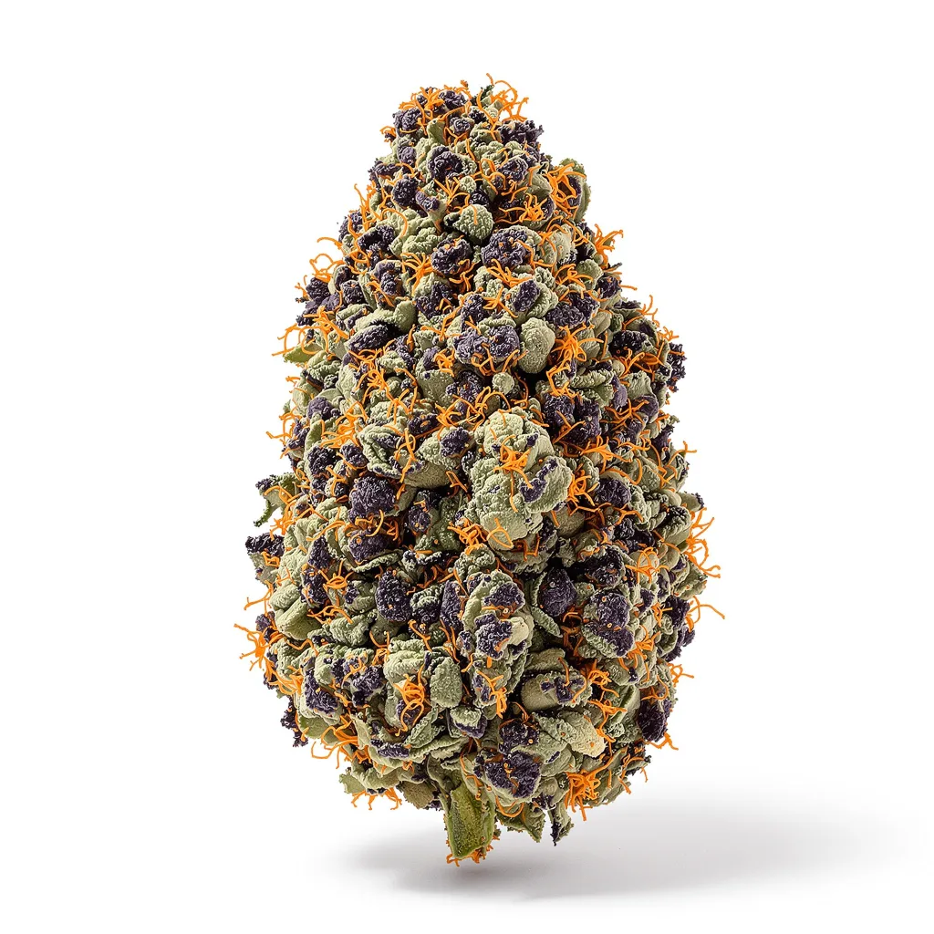 Katsu Bubba Kush 69% indica / 31% sativa — fleur avec trichomes visibles