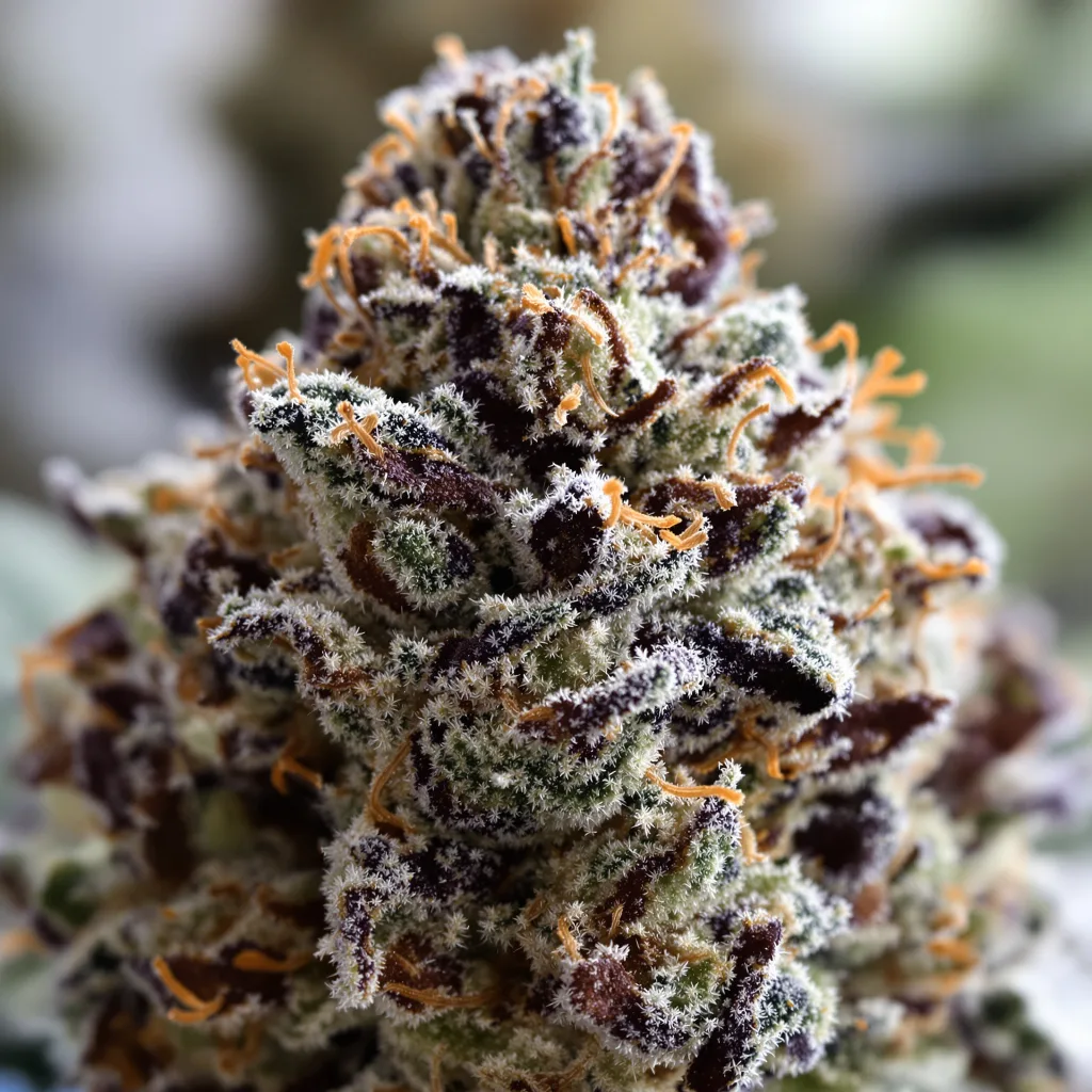 Gros plan de fleur de cannabis Katsu Kush montrant calices denses aux reflets violets