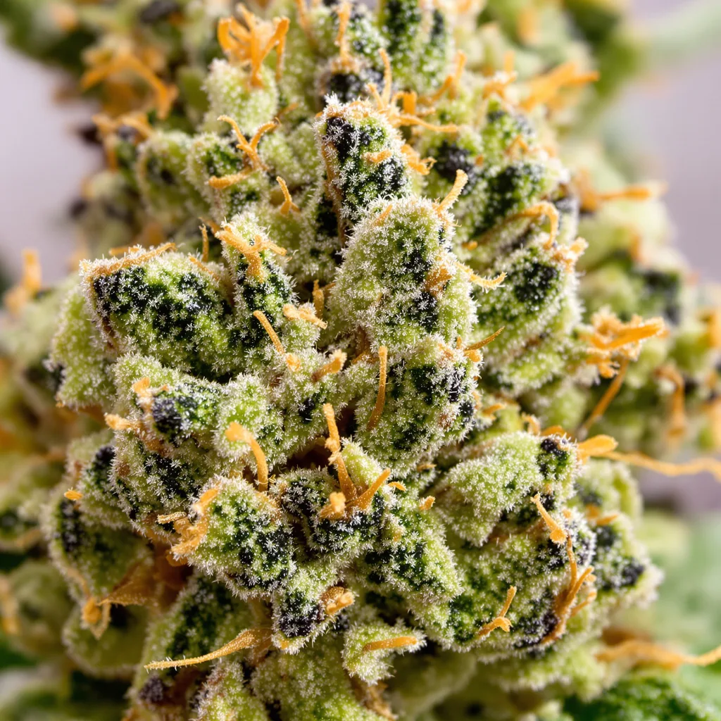 Gros plan de fleur de cannabis KC 33 montrant structure aérée vert lime