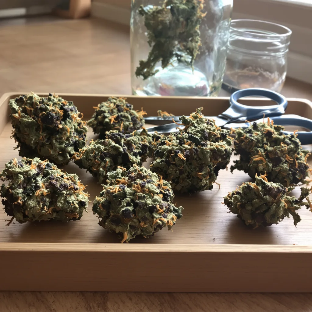 Kelly Hill Gold 77% indica / 23% sativa — fleur avec trichomes visibles