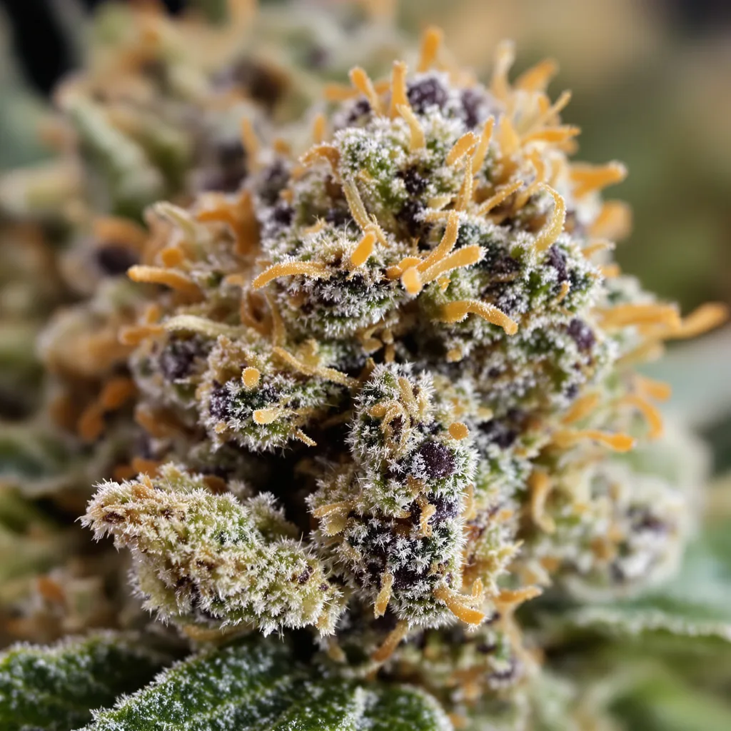 Gros plan de fleur de cannabis Kelly Hill Gold montrant calices denses aux reflets violets