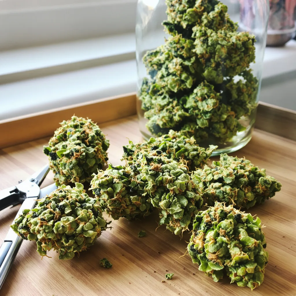 Key Lime Pie 25% indica / 75% sativa — fleur avec trichomes visibles