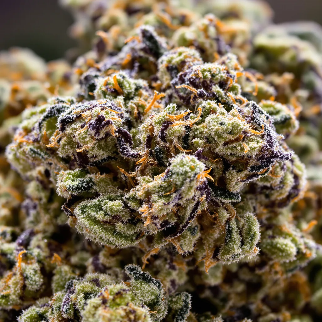 Gros plan de fleur de cannabis Khalifa Kush montrant calices denses aux reflets violets