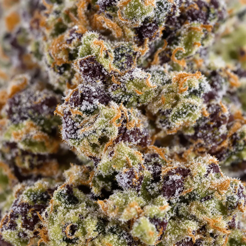 Gros plan de fleur de cannabis Khufu montrant calices denses aux reflets violets