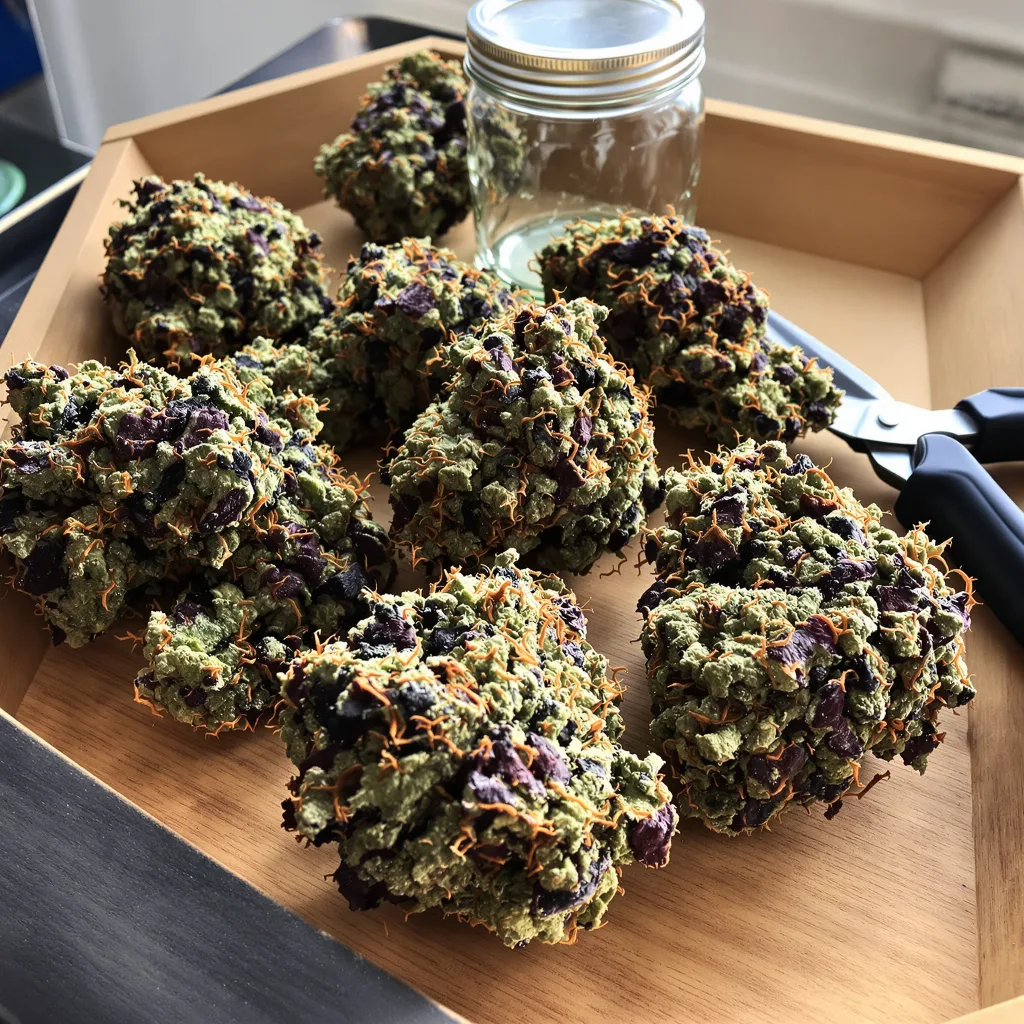 Kid N’ Kookies 68% indica / 32% sativa — fleur avec trichomes visibles