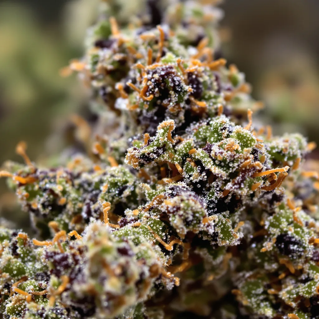 Gros plan de fleur de cannabis Kid N’ Kookies montrant calices denses aux reflets violets