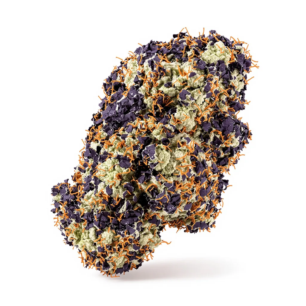 Kid N’ Kookies 68% indica / 32% sativa — fleur avec trichomes visibles